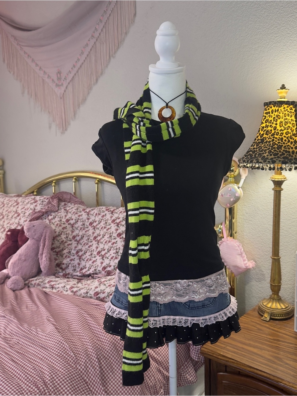 Y2K Black and Green Stripe Scarf
